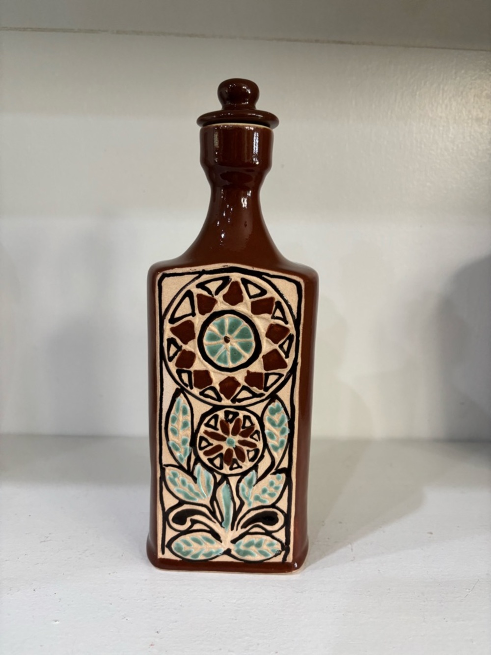 Vintage ceramic bohemian tequila bottle 10 inches tall